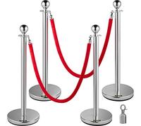 VEVOR Poteau de Guidage Séparation d'Argent 4 Pcs avec 2 Cordes Velours Rouges 1,5 m, Fils d'Attente de Queue Poteau Individuel de Sécurité 96 cm Hauteur Barrière de Queue pour Contrôle des Foules