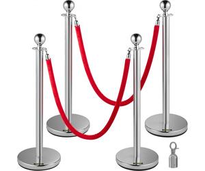 VEVOR Poteau de Guidage Séparation d'Argent 4 Pcs avec 2 Cordes Velours Rouges 1,5 m, Fils d'Attente de Queue Poteau Individuel de Sécurité 96 cm Hauteur Barrière de Queue pour Contrôle des Foules