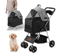 VEVOR Poussette pour Chien Animaux de Compagnie 4 Roues Pivotantes et 1 Frein Capacité de Charge 16 kg Poussette de Chat Support Amovible Panier de Rangement Porte-gobelet pour Chien, Noir Gris Foncé