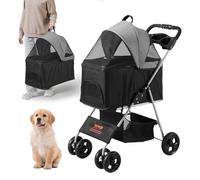 VEVOR Poussette pour Chien Animaux de Compagnie 4 Roues Pivotantes et 1 Frein Capacité de Charge 16 kg Poussette de Chat Support Amovible Panier de Rangement Porte-gobelet pour Chien, Noir Gris Foncé