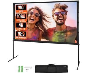 VEVOR Projector Screen with Stand, 100 inch 16:9 4K 1080 HD Outdoor Movie Screen with Stand, Wrinkle-Free Projection Screen with Bar Feet and Carry Bag, for Home Theater Cinema Backyard Movie Night