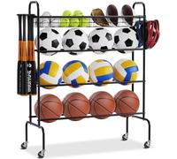 VEVOR Rack à Ballons 4 Couches, Support de Basket-ball sur Roulettes, Organisateur de Rangement d'Équipement de Sport avec Crochets et Paniers, pour Entraînement de Tir Basket Football Volley-ball Gym