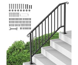 VEVOR Rampe d'escalier pour 5 marches extérieures, main courante escalier en acier au carbone, avec kit d'installation, pour personnes âgées, marches en béton, porche, terrasse, arche rétro noire