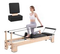 VEVOR Reformer Pilates 2,4 m Machine de Pilates Max. 181 kg en Bois d'Hévéa, pour Studio Yoga Gym Domicile, Résistance 3 Niveaux, Réformateur Confortable, Planche de Saut et Boîte, Têtière Réglable