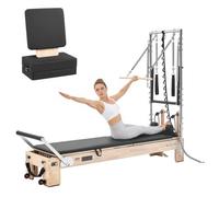 VEVOR Reformer Pilates avec Tour, Machine de Pilates 2,4 m Charge 181 kg, pour Studio Yoga Gym Domicile, Résistance Réglable, Réformateur en Bois d'Hévéa, Planche de Saut et Boîte, Têtière Réglable