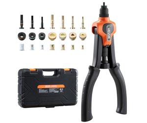 VEVOR Riveteuse Manuelle 34 cm, Kit d'Outils à Riveter Complet, pour Bricoleur Installation et Réparation Maison, Pince à Écrous à Sertir avec 7 Mandrins Métriques et SAE, 70 Écrous, avec Mallette