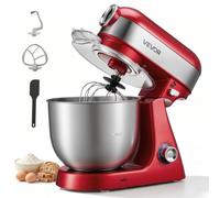 VEVOR Robot Pâtissier à Tête Inclinable 5 L Batteur sur Socle 1000 W Rouge, pour Mélange Pétrissage Fouettage Cuisine, 10 Vitesses, Pétrin Électrique avec Bol en Inox, avec Crochet, Feuille et Fouet