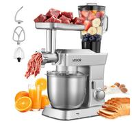 VEVOR Robot Pâtissier et Culinaire 4,3 L, Batteur sur Socle 1300 W avec Fonction Hachoir à Viande et Blender de 1,5 L, Batteur Mixeur 6 Vitesses avec Pulse, Bol en Inox, Mélange Fouettage Pétrissage