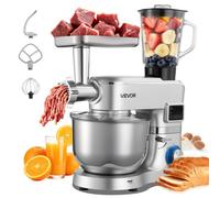 VEVOR Robot Pâtissier et Culinaire 5,7 L, Batteur sur Socle 1500 W avec Fonction Hachoir à Viande et Blender de 1,5 L, Batteur Mixeur 6 Vitesses avec Pulse, Bol en Inox, Mélange Fouettage Pétrissage