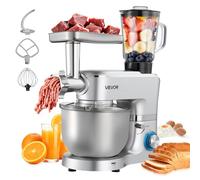 VEVOR Robot Pâtissier et Culinaire 6 L, Batteur sur Socle 1500 W avec Fonction Hachoir à Viande et Blender de 1,5 L, Batteur Mixeur 6 Vitesses avec Pulse, Bol en Inox, Mélange Fouettage Pétrissage