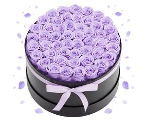 VEVOR Rose Éternelle 50 Fleurs Éternelles Préservées Boîte Ronde Bouquet Rose Éternelle Cadeau pour Elle, Femme, Épouse, Maman, Mamie, Amie, Anniversaire, Saint-Valentin, Noël, Couleur Violet Lavande