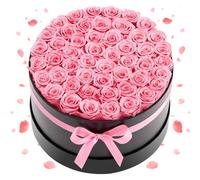 VEVOR Rose Éternelle 50 Fleurs Éternelles Préservées Boîte Ronde Bouquet Roses Éternelles Cadeau pour Elle, Femme, Épouse, Maman, Mamie, Amie, Anniversaire, Saint-Valentin, Noël, Couleur Rose Doux