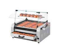 VEVOR Rouleau à hot-dogs, 11 rouleaux, 30 hot-dogs, machine à griller les saucisses en acier inox, avec chauffe-petits pains, couvercle, boîte de rangement latérale, bac à huile, pour maison, commerce