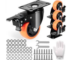 VEVOR Roulettes Pivotantes Lot de 4 Roulettes pour Meubles Industrielles 76,2 mm Roues Silencieuses en PVC avec Frein à Verrouillage A/B Capacité de Charge 113 kg par Roulette pour Chariots Établis