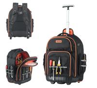 Sac à dos à outils VEVOR avec roulettes, capacité de charge 50 kg, 45 poches, sac à outils, poignée télescopique réglable et base stable, organisateur de sac à dos de travail pour le bâtiment et la mé
