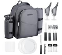 VEVOR Sac à Dos Isotherme pour 2 Personnes, Sac à Dos de Pique-Nique avec Compartiment Isotherme, Porte-Bouteille Amovible, Couverture Légère, Kit Assiettes et Couverts, pour Randonnée Camping, Gris