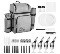 VEVOR Sac à Dos Isotherme pour 4 Personnes, Sac à Dos de Pique-nique Randonnée Camping, avec Compartiment Isotherme, Porte-bouteille Amovible, Couverture Légère et Kit Assiettes et Couverts, Gris