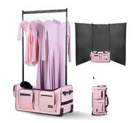 VEVOR Sac de Danse avec Portant Vêtements Hauteur Réglable Sac de Sport à Roulettes 736,6 mm avec Port USB, Rideau de Protection Poches Multifonctions Rangement, pour Voyages, Compétitions, Rose Mat