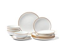 VEVOR Service de table 12 pcs pour 4 personnes, assiettes et bols ronds, vaisselle en céramique résistante aux rayures, pour lave-vaisselle et micro-ondes, pour desserts, salades, soupes, pâtes, blanc