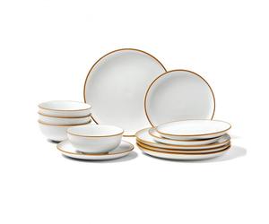 VEVOR Service de table 12 pcs pour 4 personnes, assiettes et bols ronds, vaisselle en céramique résistante aux rayures, pour lave-vaisselle et micro-ondes, pour desserts, salades, soupes, pâtes, blanc