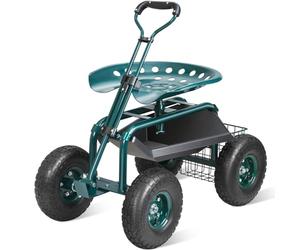 VEVOR Siège de Jardin Roulant Pivotant à 360° Tabouret de Jardinage sur Roues Gonflables 25,4 cm Chariot avec Siège 760x450x960 mm Poignée Extensible Plateau à Outils pour Terrasse Cour Extérieur Vert
