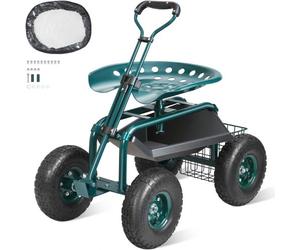 VEVOR Siège de Jardin Roulant Pivotant à 360° Tabouret de Jardinage sur Roues Gonflables 25,4 cm Chariot avec Siège 760x450x960 mm Poignée Extensible Plateau à Outils pour Terrasse Cour Extérieur Vert