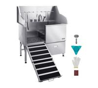 VEVOR Baignoire de Chien Acier Inoxydable, Baignoire de Toilettage pour Animaux de Compagnie 127,5 cm Station de Lavage Chat, avec Rampe, Panneau Filtre à Eau, Robinet, Pommeau de Douche, Porte Gauche
