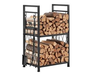 VEVOR Support à bois de chauffage à 2 niveaux, range-bûches d'intérieur, 455 x 330 x 765 mm, avec outils de cheminée, brosse, pelle, tisonnier et pinces, charge maximale 181,4 kg, pour poêle, foyer