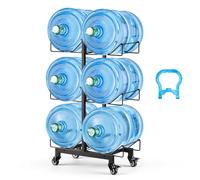 VEVOR Support de Bonbonne d'eau, Rack de Rangement pour 6 Bidons de 11L et 19L, 3 Niveaux Double Rangée, Cadre en Métal avec roulettes et Poignées, Étagères Pliables pour Cuisine, Bureau, Salon, Noir