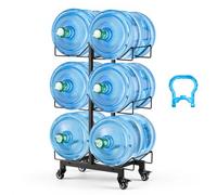 VEVOR Support de Bonbonne d'Eau, Rack de Rangement pour 6 Bidons de 11L et 19L, 3 Niveaux Double Rangée, Cadre en Métal avec Roulettes et Poignées, Étagères Pliables pour Cuisine, Bureau, Salon, Noir