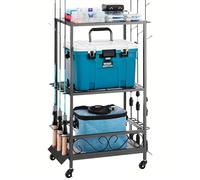 VEVOR Support de canne à pêche pour 10 cannes à pêche, chariot mobile avec roues, organiseur d'équipement de pêche pour garage, maison, intérieur, boîte de rangement d'accessoires de moulinet, cadeaux