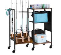 VEVOR Support de canne à pêche pour 12 cannes à pêche, chariot mobile avec roues, organiseur d'équipement de pêche pour garage, maison, intérieur, boîte de rangement d'accessoires de moulinet, cadeaux