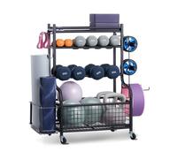 VEVOR Support de rangement pour tapis de yoga, en acier avec revêtement en poudre, organisateur d'équipement d'entraînement à domicile avec crochets et roues, pour rouleau en mousse haltère kettlebell