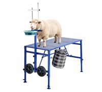 VEVOR Support de Traite pour Chèvre 272 kg Stand Parage de Mouton Pliable, pour Toilettage Pansage Onglons de Bétail, avec Mangeoire, Roues, Têtière Réglable, Panier à Outils, Plateforme Métallique