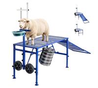 VEVOR Support de Traite pour Chèvre 272 kg Stand Parage de Mouton Pliable, pour Toilettage Pansage Onglons de Bétail, avec Rampe, Mangeoire, Roues, Têtière Réglable, Panier, Plateforme Métallique