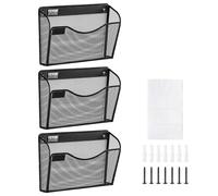 VEVOR Support mural de fichiers, 3 PCs, 1 poche, porte-documents en maille pour magazines, courrier, papier, organisateur mural en métal avec étiquette nominative, pour bureau, maison et école, noir
