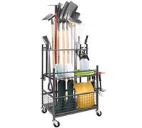 VEVOR Support Range Outils de Jardin 16 Emplacements avec Crochets Porte-outils de Garage en Métal sur Roulettes pour Organisation et Stockage Abri Extérieur des Outils, Râteaux, Balais à Long Manche