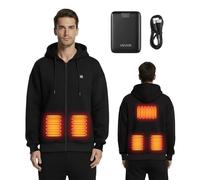 VEVOR Sweat à Capuche Chauffant Homme Femme Pull Chauffant Unisexe avec Batterie Externe Rechargeable 7,4 V 16000 mAh, 5 Zones de Chauffage, Doublure Polaire Léger, pour Camping en Hiver, XXL, Noir