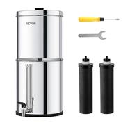VEVOR Système de Filtration d'Eau par Gravité 8,5 L, Filtre à Eau par Gravité Réduction du Plomb et jusqu'à 99% du Chlore, en Inox 304, avec 2 Filtres à Charbon, Robinet et Niveau d’Eau, Camping
