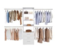 VEVOR Système de placard avec 3 tiroirs, système d'organisation de placard en bois à hauteur réglable, porte-vêtements avec 4 tringles à vêtements rétractables, pour rangement de chambre, blanc