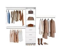 VEVOR Système de placard avec 3 tiroirs, système d'organisation de placard en bois à hauteur réglable, porte-vêtements avec 3 tringles à vêtements rétractables, pour rangement de chambre, blanc