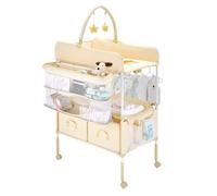 VEVOR Table à Langer Pliable, Plan à Langer 2 Tiroirs en Tissu, Panier Latéral et Tringle de Suspension, Meuble pour Bébé Réglable en Hauteur, avec Roulettes Verrouillables et 2 Jouets Étoiles, Beige