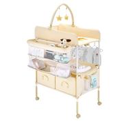 VEVOR Table à Langer Pliable, Plan à Langer 2 Tiroirs en Tissu, Panier Latéral et Tringle de Suspension, Meuble pour Bébé Réglable en Hauteur, avec Roulettes Verrouillables et 2 Jouets Étoiles, Beige