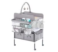 VEVOR Table à Langer Pliable, Plan à Langer 2 Tiroirs en Tissu, Panier Latéral et Tringle de Suspension, Meuble pour Bébé Réglable en Hauteur, avec Roulettes Verrouillables et 2 Jouets Étoiles, Gris