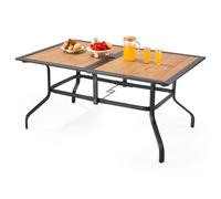 VEVOR Table à manger pour patio extérieur, 1505 mm, table de bistro rectangulaire en acier imitation bois, pour 4 à 6 personnes, avec trou pour parasol de 38 mm, pour jardin, véranda, marron et noir