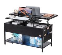 VEVOR Table basse avec plateau relevable, 1000 mm, table basse de salon rectangulaire avec poche de rangement supplémentaire, table basse rabattable avec multiprise, USB, éclairage d'ambiance, noir