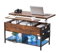 VEVOR Table basse avec plateau relevable, 1000 mm, table basse de salon rectangulaire avec poche de rangement supplémentaire, table basse rabattable avec multiprise, USB, éclairage d'ambiance, marron
