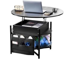 VEVOR Table Basse avec Plateau Relevable Table de Salon Ronde de 90 cm, Hauteur Réglable, avec Poches de Rangement Supplémentaires, Meuble de Rangement pour Salon, Salle de Séjour, Maison, Noire