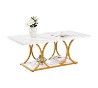 VEVOR Table Basse en Faux Marbre, Table de Salon Rectangulaire à 2 Niveaux, Meuble de Rangement Plateau de 120x59,5 cm, avec Pieds Géométriques Structure Métallique, pour Bureau Salon, Blanc