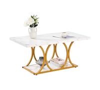 VEVOR Table Basse en Faux Marbre, Table de Salon Rectangulaire à 2 Niveaux, Meuble de Rangement Plateau de 100 x 55 cm, avec Pieds Géométriques Structure Métallique, pour Bureau Salon, Blanc